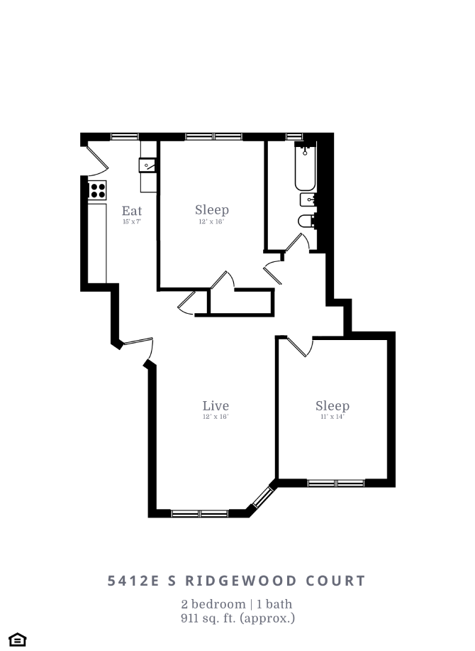 Floor plan for 2 beds, 1 bath, 911 sqft
